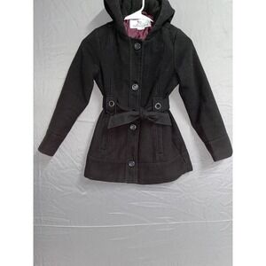 KC Collection Coat Womens 8 Black Quilted Lined Belted Hooded Button‎ Front